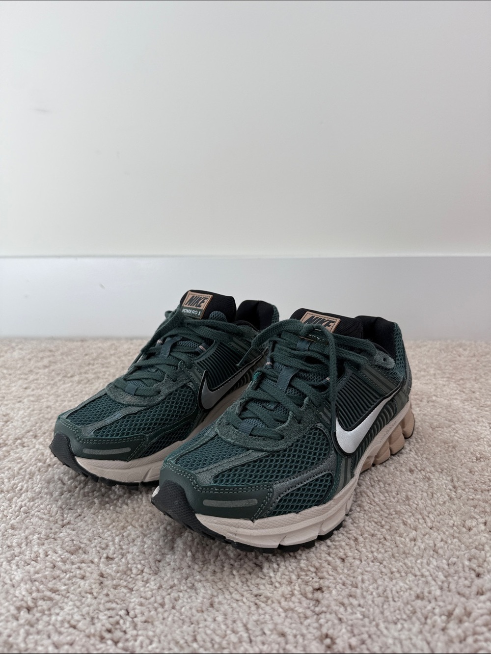 Nike Women’s Vomero 5 Sneakers in Dark Green and White with Black Accents